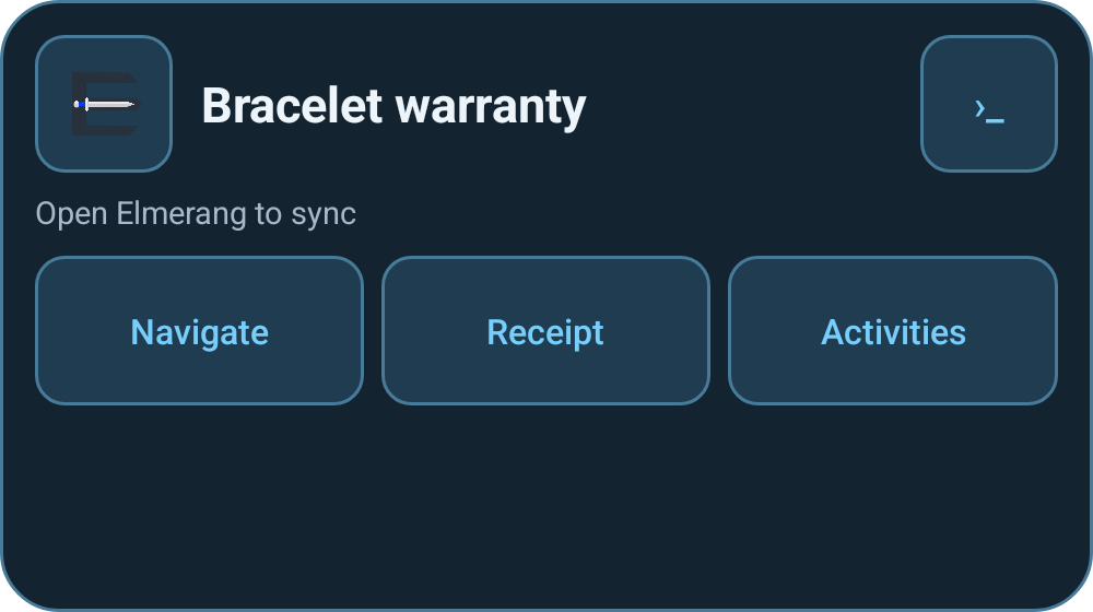 Actual emulator widget with synthetic activity and Navigate, Receipt and Activities buttons